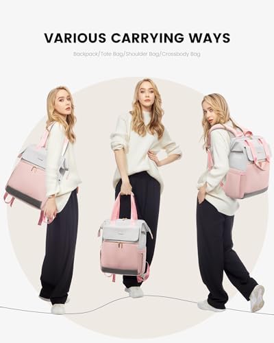 LOVEVOOK Laptop Backpack for Women, 15.6 Inch Work Laptop Bag with USB Port, Fashion Teacher Nurse Backpack Purse, Waterproof Travel Computer Backpack with Organizer Bag, 2PCS, Grey-Pink
