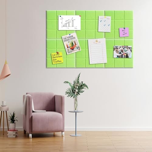 6 Packs Cork Board Felt Board Tiles, Bulletin Board 12"X12" with 30 Push Pins, Felt Board for Home Kitchen Office Decor, Self-Adhesive Corkboard Tiles for Walls School Message Display Board-Green-2
