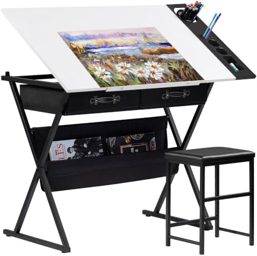 VECELO Drafting Table Art Desk Art Table Adjustable Drawing Table Tilted Tabletop with 2 Storage Drawers and Stool, Drawing Desk for Artist Painters Drawing, Crafting, Reading, Writing, White