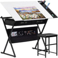 VECELO Drafting Table Art Desk Art Table Adjustable Drawing Table Tilted Tabletop with 2 Storage Drawers and Stool, Drawing Desk for Artist Painters Drawing, Crafting, Reading, Writing, White