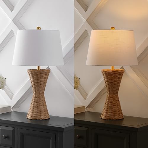 JONATHAN Y Laura Table Lamp 27" Rattan Hourglass, Natural, Set of 2