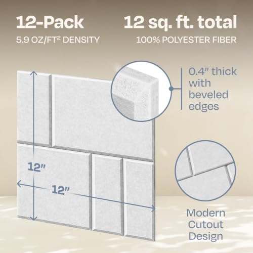 Acoustic Panels 12-Pack Soundproof Wall Panels 12"x12"x0.4" Decorative Sound Dampening for Your Home, Office, Studio, Bedroom & More with Unique GridFrame Carving [White]