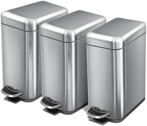 Home Zone Living 3-Pack 1.3 Gallon Small Bathroom Trash Can with Lid and Step Pedal, Stainless Steel Wastebasket with Slim Design for Home and Office, Silver, 5 Liters