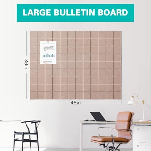 Cork Board for Walls 48" x 36", Bulletin Board for Office Decor, 12 Pack Felt Wall Tiles with Safe Removable Adhesive, Pin Tack Corkboard for Quilting Design & Dart Wall Protector - Camel