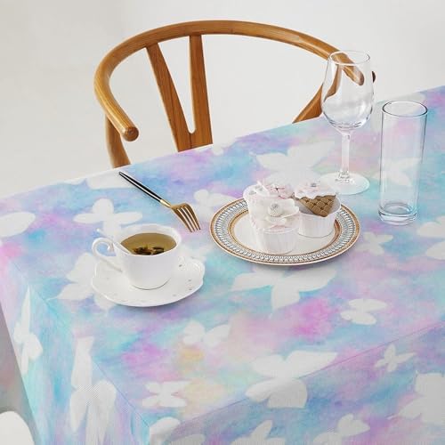 Rainbow Butterfly Tablecloth, Colorful Pink Blue White Butterflies Cartoon Print Table Cover for Farmhouse Kitchen Dining Room Table Decor 60x90in