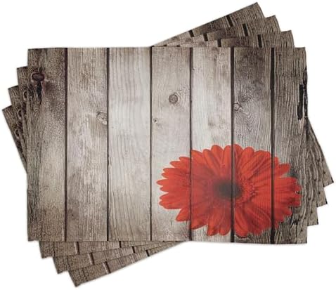 Lunarable Rustic Place Mats Set of 8, Flower Red Dahlia on Foreground of Murky Featured Dated Wooden Board Retro Art Print, Washable Fabric Placemats for Dining Table, Placemat 8 pcs, Brown