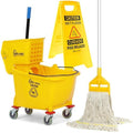 Simpli-Magic Side Press Wringer Combo Commercial Mop Bucket on Wheels, 35 Quart,Yellow, Including Wet Floor Caution Sign and Set, Polyethylene