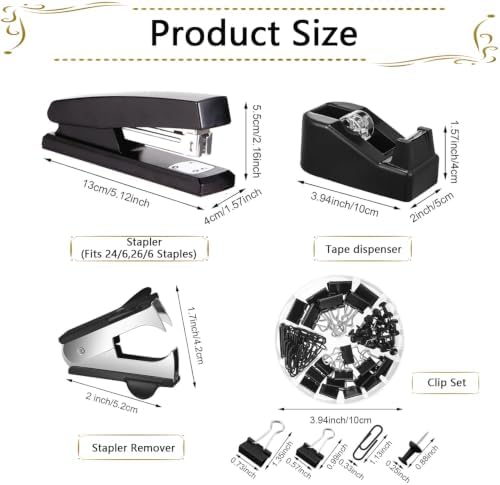 Office Supplies,Black Desk Accessories,Stapler and Tape Dispenser Set for Women with Stapler,Tape Dispenser,Staple Remover,Staples,Clips,Scissors and Tabs,Gift for Students,Coworkers,Teacher,Business
