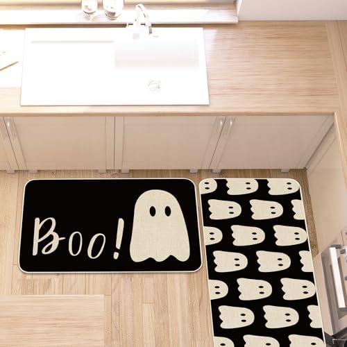FYSUIMU Halloween Ghost Kitchen Rugs Set of 2 Black Ghost Boo Kitchen Floor Mat Non-Slip Spooky Bathroom Rugs Cute Halloween Kitchen Decor for Party Home, 17 x 29 Inch & 17 x 47 Inch