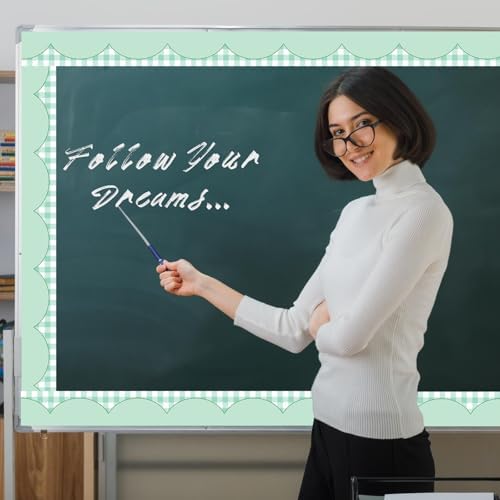 50ft Checkered Bulletin Board Borders, Checkerboard Straight Trim Border with Scalloped Edge Print, Classroom Decor for Chalkboard Whiteboard Back to School Supplies, Green and White