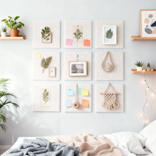 Garvee Self-Adhesive Large Felt Bulletin Board - 15-Pack Decorative Memo Pinboards with 30 Pushpins, Cork Board Alternative for Wall Display, Sound Dampening, for Office, Home, or School - Light Beige