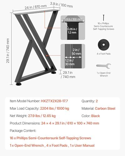 VEVOR Table Legs, 29.1" H x 24" W Steel Furniture Legs, 2204 lbs Max Load Heavy Duty, Easy Installation, Sturdy & Stable for Home Office Desk DIY, Coffee Dinner Bar Tables, Workbench,Set of 2, Black