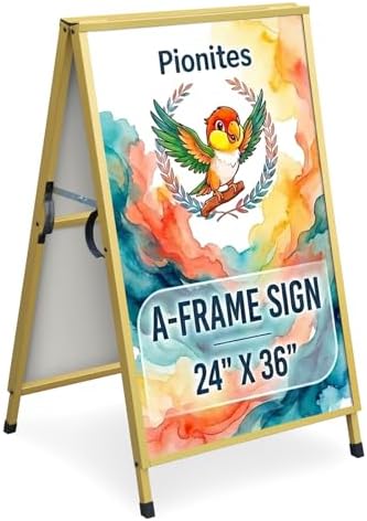 Pionites Heavy Duty Slide-in Folding A Frame Sign Sidewalk Sign 24x 36 Inch Steel Metal Double-Side Pavement sign Corrugated Plastic Poster (1, Gold, 24''X36''(Frame Only))