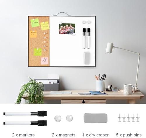 Small Cork Board Whiteboard Combo - 12" X 16" Portable Aluminum Black Framed Magnetic Dry Erase Board for Wall, Mini Bulletin CorkBoard with a Handle for Office, Home and School