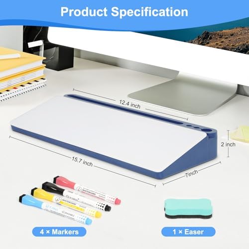 Desktop Glass Whiteboard with Storage, Desk Dry Erase White Board Blue
