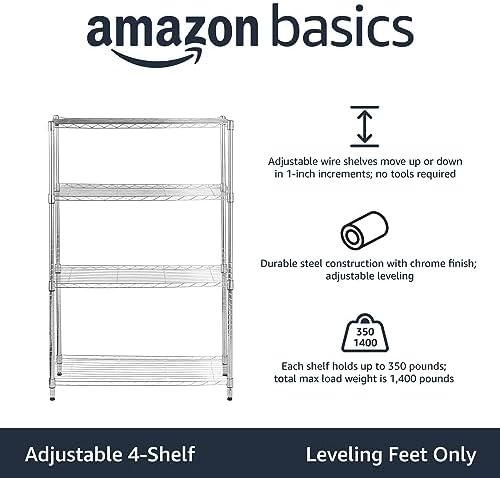 Amazon Basics 4-Shelf Adjustable Heavy Duty Steel Wire Rack Storage Shelving Unit for Kitchen, Garage, Easy Assembly, 350 lbs Per Shelf, 36" x 14" x 54", Chrome Silver