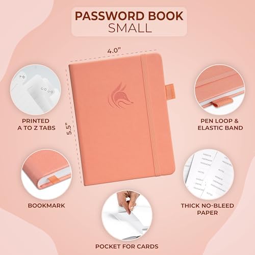 Clever Fox Password Book with Alphabetical Tabs, 4"x5.5" Keeper Peach Pink