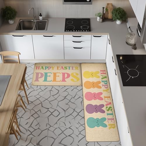 Happy Easter Kitchen Floor Mat Set of 2, Non-Slip Absorbent Rugs and Door Mats, Spring Seasonal Bunny Decorative Home Kitchen Doormat 17x29 and 17x47 Inch DM138