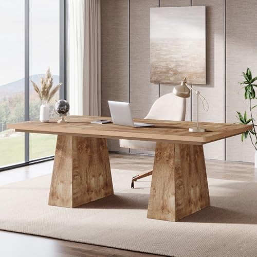 Tribesigns 63-Inch Executive Desk, Large Office Computer Desk with Double Pedestal, Modern Simple Workstations Writing Table Conference Table Business Furniture for Home Office, Natural