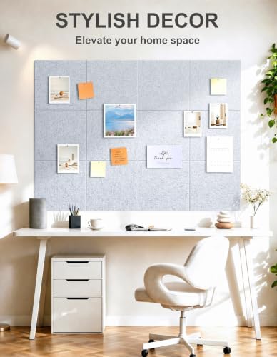 Felt Wall Tiles Bulletin Board Large Cork Board Alternative 6 Pack 11.81”x11.81”x0.47” Felt Pin Board Tack Board with Safe Removable Adhesive Tabs for Home Office School 36x24 (Silver Grey)