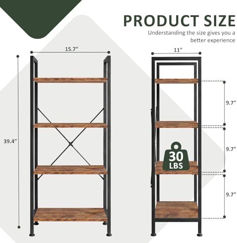 4 Tier Bookshelf, Free Standing Bookcase with Open Storage Shelves