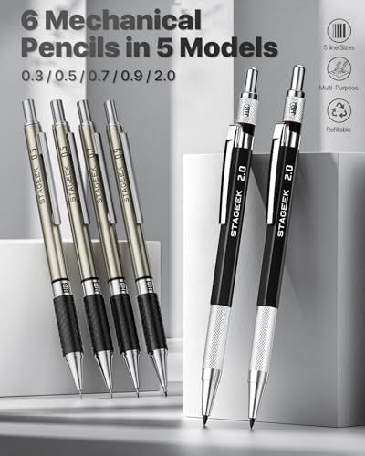 STAGEEK 37PCS Mechanical Pencil Set with Case, 0.3, 0.5, 0.7, 0.9 ＆2PCS 2mm | Drawing Pencils with 492PCS Lead Refills (6B 4B 2B HB 2H 4H Color), Erasers, Sharpeners, Artist Pencil for Sketching Drafting