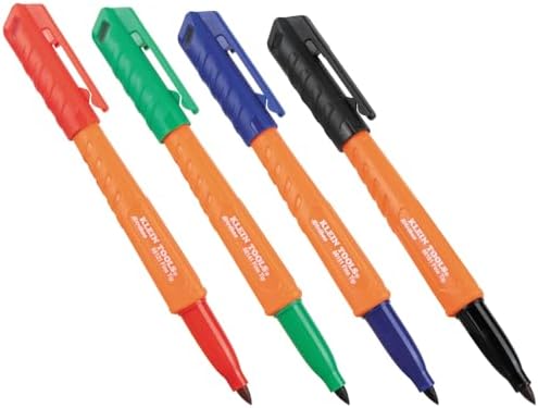KLEIN TOOLS 861914 Skribes Fine Tip Permanent Markers, Assorted Colors, Hard Hat Clip, Multi-Surface Jobsite Marker for Wet, Dry and Oily Surfaces, 4-Pack
