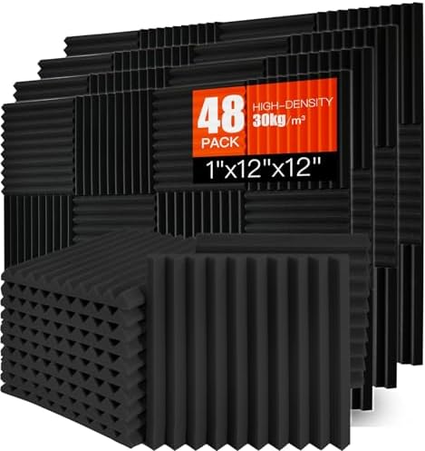 Acoustic Foam Panels 48 Pack 1" x 12"x 12" Saiqiang Black Soundproofing Panels Wedges for Wall Noise Absorbing and Sound-Damping Fire-Resistant Sound Proof for Studio, Gaming Room