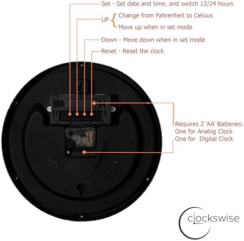 Clockswise 12-inch Wall Clock, Non-Ticking Analog & Digital with Temperature Display Battery Powered, Silent Operation, Switchable Time and Date - Perfect for Classroom Office Bedroom and Study, Black