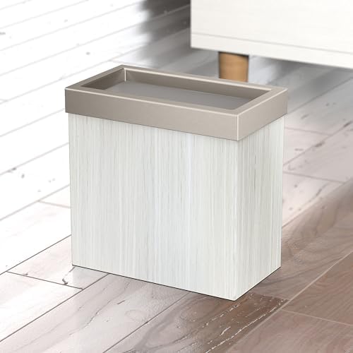 Gatco Small Bathroom Trash Can with Lid, Rectangle 3 Gallon Wastebasket, Under Sink, White Oak with Satin Nickel, for Bathroom, Bedroom, Office (1943SN)