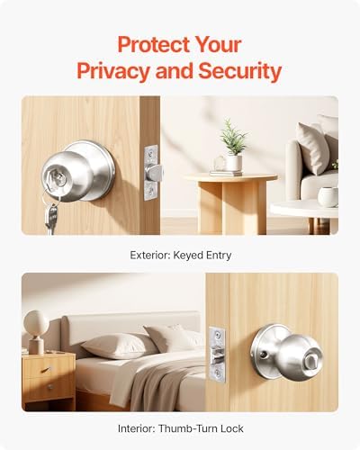 VEVOR Keyed Entry Door Knob, Satin Nickel Door Knob with Round Ball, Keyed Exterior & Thumb Turn Lock Interior, All Metal Doorknobs Hardware with Lock and Keys, Modern Design for Bedroom & Bathroom