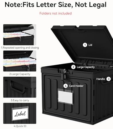 Oterri Lockable Plastic File Box with Lid for Letter-Size | Hanging File Folders Not Included. Black, Large 1-Pack. Home, Office, Classroom, Dorm, Tax, Under Bed, Filing Cabinet.