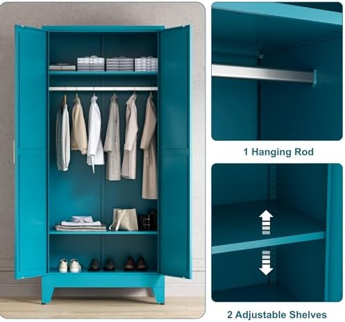Washsemba 71'' Farmhouse Metal Wardrobe Cabinet with Hanging Rod, 2 Barn Door Wardrobe Closet with 2 Adjustable Shelves,for Dining Room,Bedroom,Living Room, Cloak Room,Office (Peacock Blue)