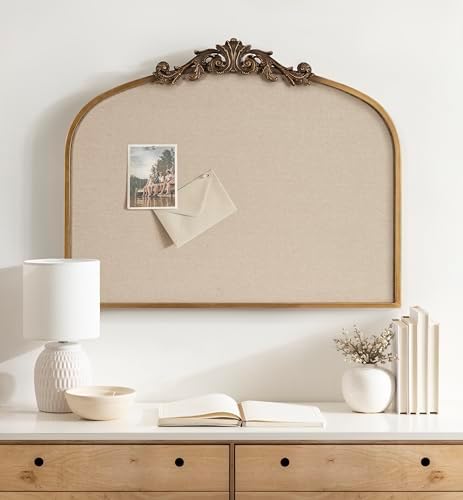 Kate and Laurel Arendahl Wide Decorative Arch Pinboard; 30 x 24; Gold; Framed Arched Ornate Vintage Cork Board for Use as Motivational Vision Board or Wall Organizer