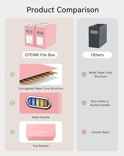 Oterri Portable Collapsible Cardboard File Box with Handle for Letter-Size | 2-Pack. Stainless Steel Handle. Label Stickers Included. Fits Letter Folders (Not Included). Home, Office, School, Dorm, Tax.