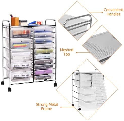 COSTWAY 15 Drawer Rolling Storage Cart, Mobile Utility Cart with Lockable Wheels, Drawers, Multipurpose Organizer Cart for Home, Office, School, Clear