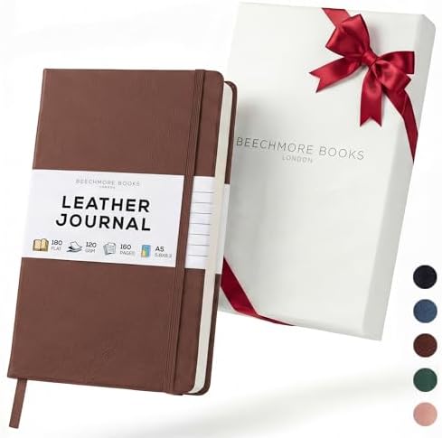 BEECHMORE BOOKS A5 5x8 Lined Leather Journal For Men, 120 GSM with Gift Box