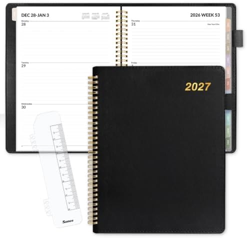 SUNEE 2027 Weekly & Monthly Planner 9"x11.2"- 12 Month (January 2027 - December 2027), Vegan Leather Cover, Pocket, Bookmark, Notes, Monthly Tab, Black