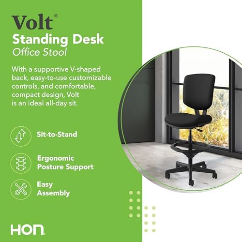 HON Volt Ergonomic Office Stool, Armless, Office Desk Computer Chair, Black