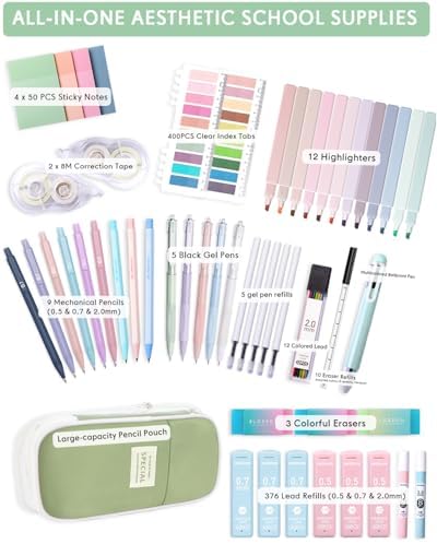 XKDOUS 54 Pcs Pencil Case with Supplies, Cute Aesthetic Stationery Set | Large Pen Case, 9 Mechanical Pencils 0.5/0.7/2.0mm, 12 Pastel Highlighters & 5 Gel Pens, Cute Aesthetic School Supplies