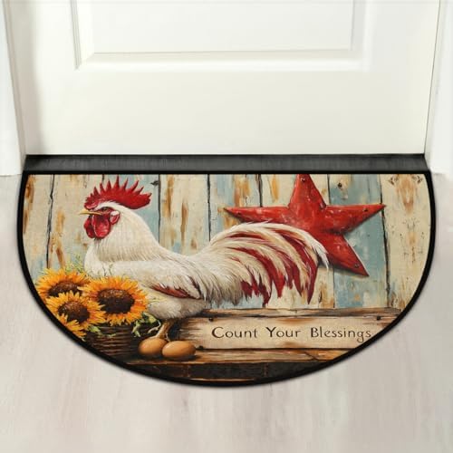 Rooster Sunflower Wood Half Round Door Mat Non Slip Washable Semi Circle Area Rug Absorbent Soft Half Moon Rug Floor Mat for Indoor Outdoor Kitchen Bathroom Patio Front Door Mat Decor