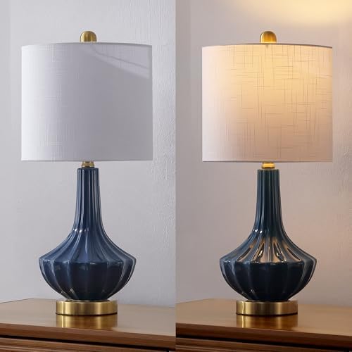 JONATHAN Y Parker Ribbed Ceramic Gourd Nightstand Table Lamp 21.5", Blue