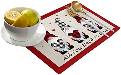 Vandarllin Valentines Day Gnomes Placemats Set of 4,Buffalo Check Plaid Love Hearts Polyester Stain Resistant Table Mats Washable Placemat Decoration for Kitchen Dining Table Rustic Farmhouse