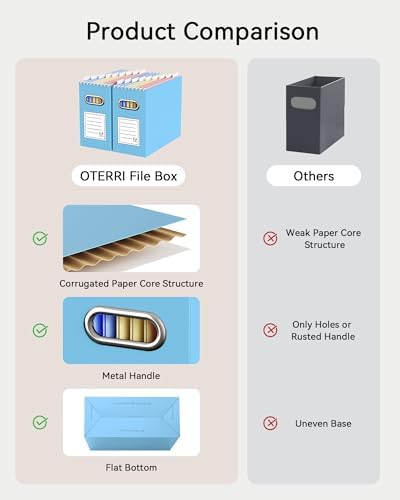Oterri Portable Collapsible Cardboard File Box with Handle for Letter-Size | 8-Pack. Stainless Steel Handle. Label Stickers Included. Fits Letter Folders (Not Included). Home, Office, School, Dorm, Tax.