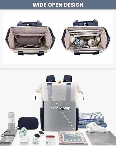 LOVEVOOK Laptop Backpack for Women, 15.6 Inch Work Laptop Bag with USB Port, Fashion Teacher Nurse Backpack Purse, Waterproof Travel Computer Backpack with Organizer Bag, 2PCS,Beige - Navy