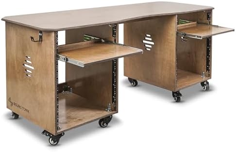Sound Town DIY Music Studio Rack Desk Workstation with 2 X 13U Side Cabinets, Two Slide-Out Trays, Casters, Plywood, Weathered Brown for Recording Room, Home Studio (SDRK-WS69)