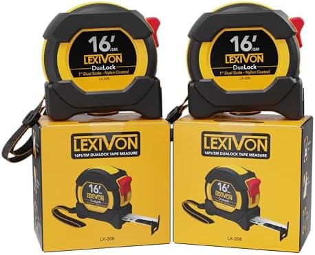 LEXIVON [2-Pack] 16Ft/5m DuaLock Tape Measure | 1-Inch Wide Blade with Nylon Coating, Matt Finish White & Yellow Dual Sided Rule Print | Ft/Inch/Fractions/Metric (LX-208)