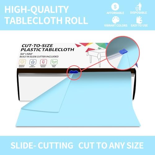 CXPSINC 54 Inch X 100 Feet Plastic Table Cover Roll Disposable Tablecloth with Slide Cutter for All Type/Shape Tables | Party, Banquet, Birthdays, Weddings(Light Blue, 100 Feet)