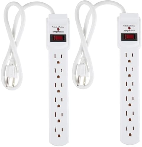 Amazon Basics Surge Protector Power Strip, 6-Outlet with 200J Protection, Circuit Breaker, LED Indicator, On/Off Switch, Wall-Mounting, 2ft Extension Cord, White, 2-Pack