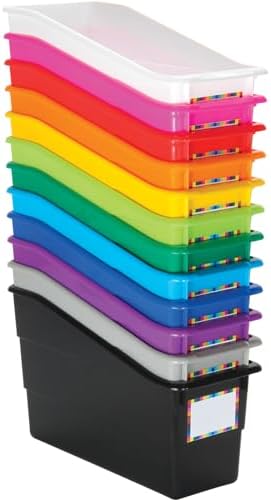 Really Good Stuff Rainbow Organizing Bins, Plastic Book Holders - 12-Pack